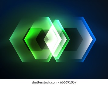 Techno glowing glass hexagons vector background, futuristic dark template with neon light effects and simple forms