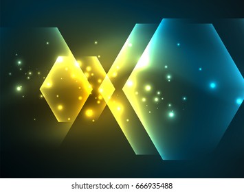 Fondo vectorial de hexágonos de vidrio brillante Techno, plantilla oscura futurista con efectos de neón y formas simples