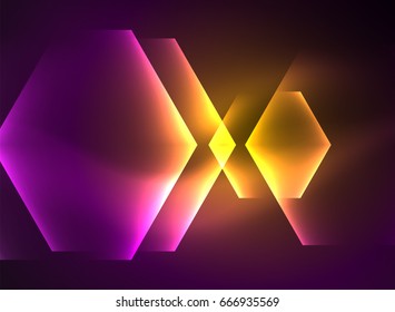 Techno-Gläserhexagons, Vektorhintergrund, futuristische dunkle Vorlage mit Neonlicht-Effekten und einfachen Formularen