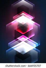 Fondo vectorial de hexágonos de vidrio brillante Techno, plantilla oscura futurista con efectos de neón y formas simples
