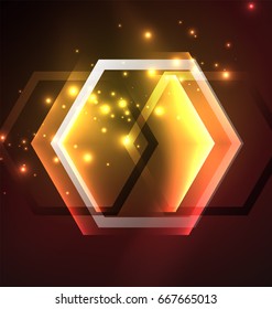 Fondo vectorial de hexágonos de vidrio brillante Techno, plantilla oscura futurista con efectos de neón y formas simples