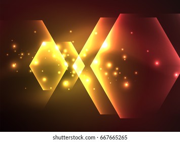 Fondo vectorial de hexágonos de vidrio brillante Techno, plantilla oscura futurista con efectos de neón y formas simples