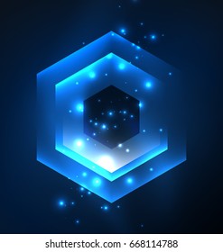 Techno glowing glass hexagons vector background, futuristic dark template with neon light effects and simple forms
