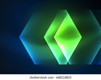 Techno brilhante hexágonos de vidro vetor fundo, futurista modelo escuro com efeitos de luz neon e formas simples