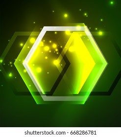 Techno glowing glass hexagons vector background, futuristic dark template with neon light effects and simple forms