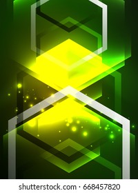 Techno glowing glass hexagons vector background, futuristic dark template with neon light effects and simple forms