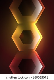 Techno glowing glass hexagons vector background, futuristic dark template with neon light effects and simple forms