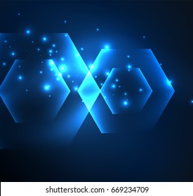 Techno glowing glass hexagons vector background, futuristic dark template with neon light effects and simple forms