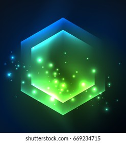 Fondo vectorial de hexágonos de vidrio brillante Techno, plantilla oscura futurista con efectos de neón y formas simples