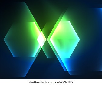 Techno glowing glass hexagons vector background, futuristic dark template with neon light effects and simple forms