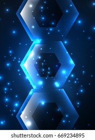 Techno-Gläserhexagons, Vektorhintergrund, futuristische dunkle Vorlage mit Neonlicht-Effekten und einfachen Formularen