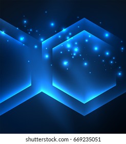 Fondo vectorial de hexágonos de vidrio brillante Techno, plantilla oscura futurista con efectos de neón y formas simples