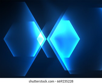 Techno glowing glass hexagons vector background, futuristic dark template with neon light effects and simple forms