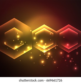 Techno glowing glass hexagons vector background, futuristic dark template with neon light effects and simple forms