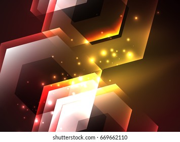 Techno glowing glass hexagons vector background, futuristic dark template with neon light effects and simple forms