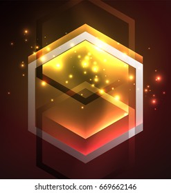Techno-Gläserhexagons, Vektorhintergrund, futuristische dunkle Vorlage mit Neonlicht-Effekten und einfachen Formularen