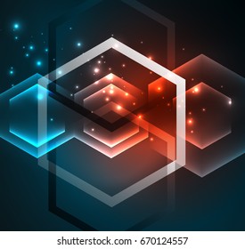 Techno glowing glass hexagons vector background, futuristic dark template with neon light effects and simple forms