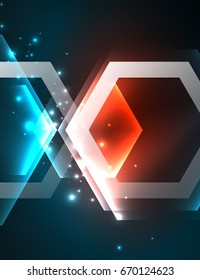 Techno glowing glass hexagons vector background, futuristic dark template with neon light effects and simple forms
