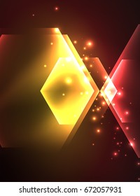 Techno glowing glass hexagons vector background, futuristic dark template with neon light effects and simple forms