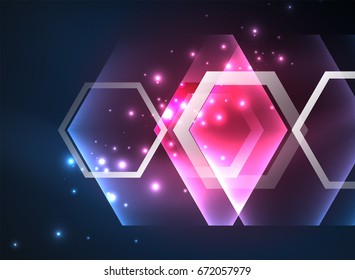 Fondo vectorial de hexágonos de vidrio brillante Techno, plantilla oscura futurista con efectos de neón y formas simples