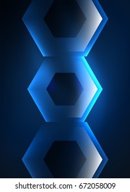 Techno glowing glass hexagons vector background, futuristic dark template with neon light effects and simple forms