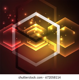 Fondo vectorial de hexágonos de vidrio brillante Techno, plantilla oscura futurista con efectos de neón y formas simples