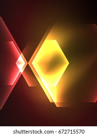 Techno glowing glass hexagons vector background, futuristic dark template with neon light effects and simple forms