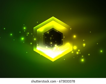 Fondo vectorial de hexágonos de vidrio brillante Techno, plantilla oscura futurista con efectos de neón y formas simples