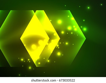Techno glowing glass hexagons vector background, futuristic dark template with neon light effects and simple forms