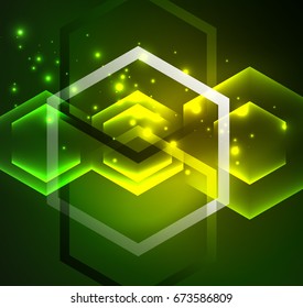 Fondo vectorial de hexágonos de vidrio brillante Techno, plantilla oscura futurista con efectos de neón y formas simples