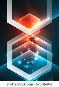 Techno glowing glass hexagons vector background, futuristic dark template with neon light effects and simple forms