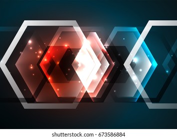 Techno glowing glass hexagons vector background, futuristic dark template with neon light effects and simple forms