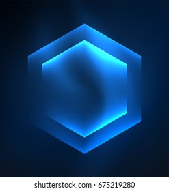 Techno glowing glass hexagons vector background, futuristic dark template with neon light effects and simple forms