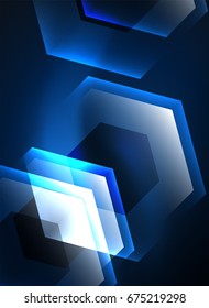 Techno glowing glass hexagons vector background, futuristic dark template with neon light effects and simple forms