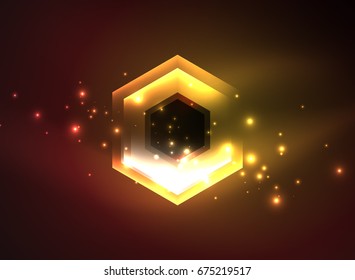 Techno glowing glass hexagons vector background, futuristic dark template with neon light effects and simple forms
