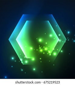 Techno-Gläserhexagons, Vektorhintergrund, futuristische dunkle Vorlage mit Neonlicht-Effekten und einfachen Formularen