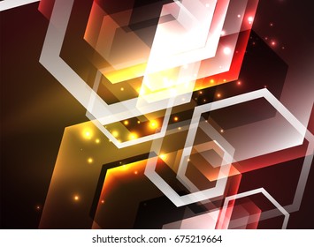 Techno glowing glass hexagons vector background, futuristic dark template with neon light effects and simple forms