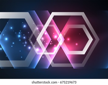Techno brilhante hexágonos de vidro vetor fundo, futurista modelo escuro com efeitos de luz neon e formas simples