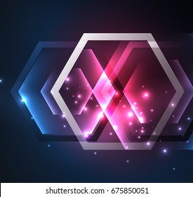 Techno glowing glass hexagons vector background, futuristic dark template with neon light effects and simple forms