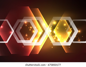 Techno glowing glass hexagons vector background, futuristic dark template with neon light effects and simple forms