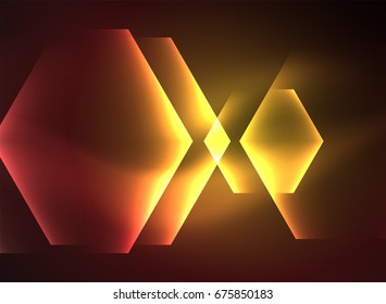 Techno glowing glass hexagons vector background, futuristic dark template with neon light effects and simple forms