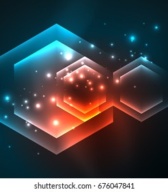 Techno glowing glass hexagons vector background, futuristic dark template with neon light effects and simple forms