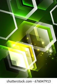 Techno glowing glass hexagons vector background, futuristic dark template with neon light effects and simple forms