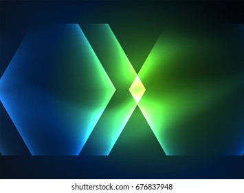 Techno glowing glass hexagons vector background, futuristic dark template with neon light effects and simple forms