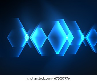 Fondo vectorial de hexágonos de vidrio brillante Techno, plantilla oscura futurista con efectos de neón y formas simples