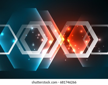 Techno glowing glass hexagons vector background, futuristic dark template with neon light effects and simple forms