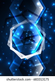 Techno glowing glass hexagons vector background, futuristic dark template with neon light effects and simple forms