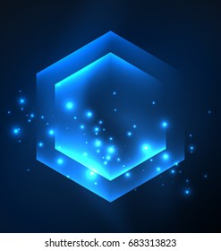 Techno glowing glass hexagons vector background, futuristic dark template with neon light effects and simple forms