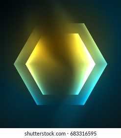 Techno brilhante hexágonos de vidro vetor fundo, futurista modelo escuro com efeitos de luz neon e formas simples