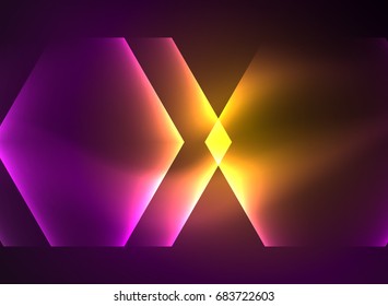 Techno glowing glass hexagons vector background, futuristic dark template with neon light effects and simple forms